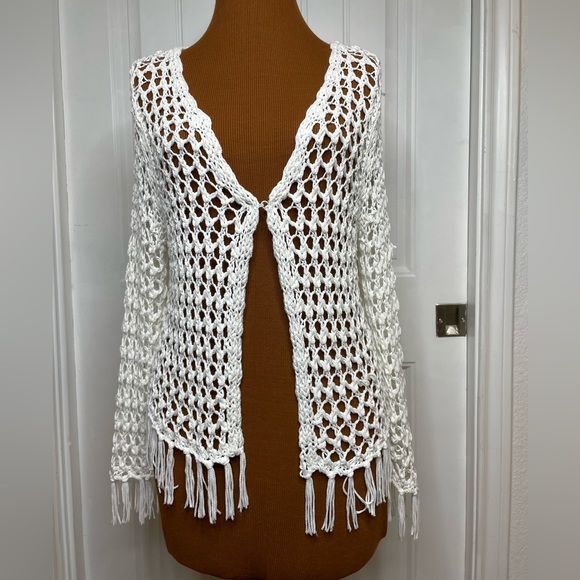Chico's Sweaters - Chico’s Open Weave Crochet White Fringed Cardigan Size 0 (Small)